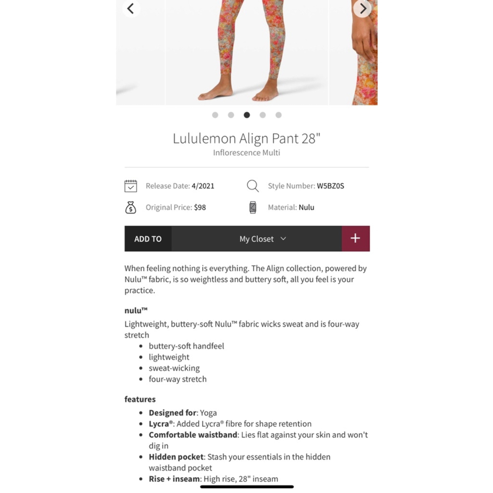 LULULEMON women’s inflorescence multi color align pant 28” - Picture 5 of 11